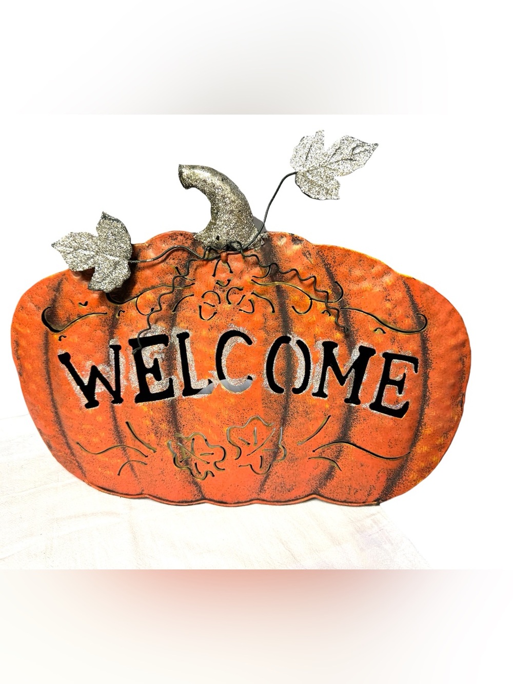 glitzhome XL Orange Tin Pumpkin Welcome Sign Tealight Holder & Glitter Accents